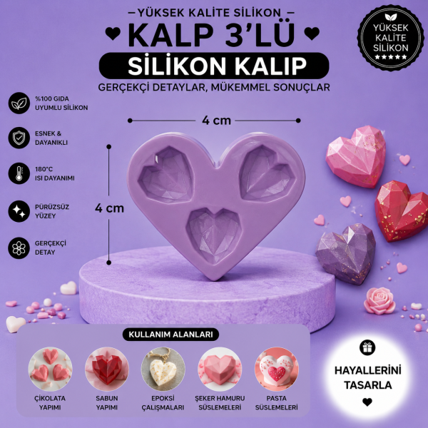 Silikon Kalıp Kalp 3'lü