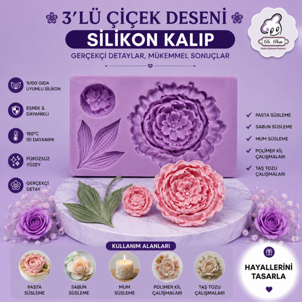 Silikon Kalıp 3'lü Çiçek Deseni